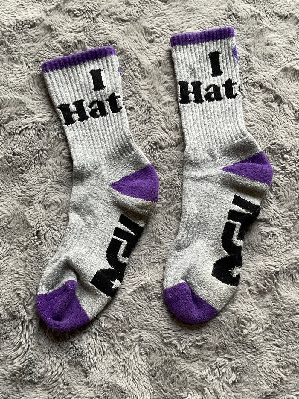 Gray & Purple Graphic Crew Socks - “I heart haters”